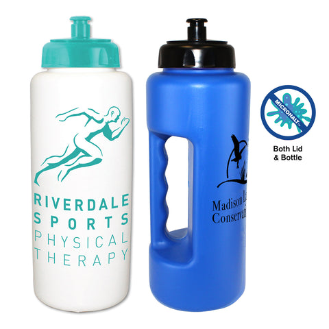 32 oz. Antimicrobial Grip Bottle with Push n' Pull Cap | Full Color Customization | Made in USA | 1-2 Weeks | Minimum is 1 Box of 90
